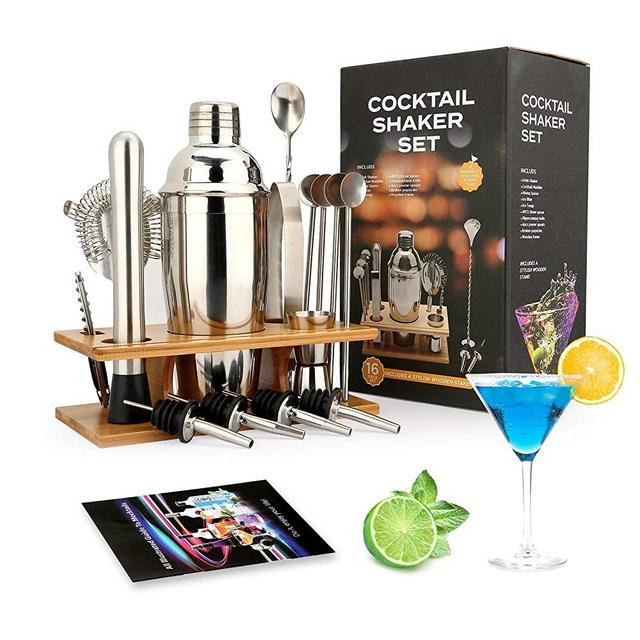 25 oz Cocktail Shaker Set 16 Pcs Mixology Bartender Kit with Stand - Professional Stainless Steel Bartending Kit - Perfect Home Bar Tool Gift Set for Drink Mixing (Silver)