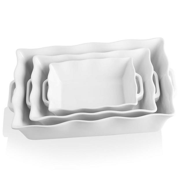 Sweejar Casserole Dishes for Oven, Ceramic Bakeware Set of 3, Rectangular Baking dish with Handles, Wave Edge Lasagna Pan Deep for Cooking, Cake, Dinner, Banquet and Daily Use (White)