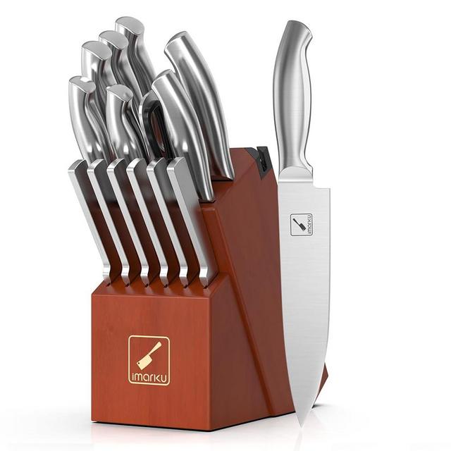 Imarku Knife Set, 15 Pieces Kitchen Knife Set with Block, High Carbon-Stainless Steel Kitchen Knives with Built-in Sharpener, Professional Knife Block Set, Brown