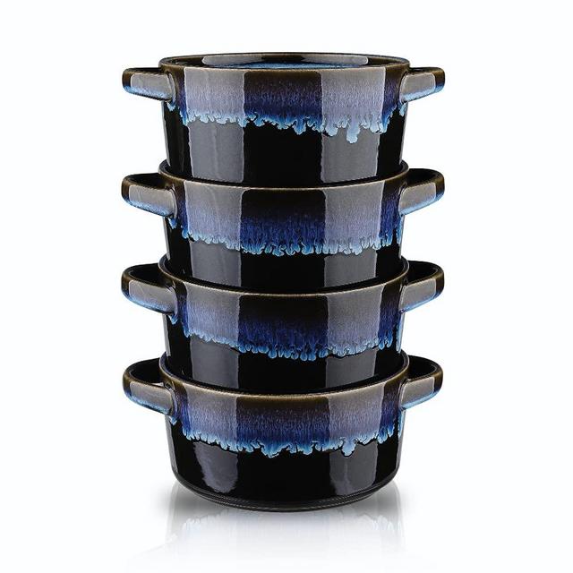 KOOV Porcelain Soup Bowls With Handles Microwave Safe, Soup Bowls Large, 24 Ounce for Soup, Cereal, Stew, French Onion Soup Bowls, Reactive Glaze Set of 4 (Nebula Blue)