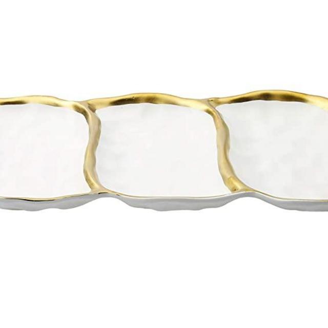 White Porcelain 3-sectional Relish Dish with Gold Rim, For Condiments and Relishes,14.5"L