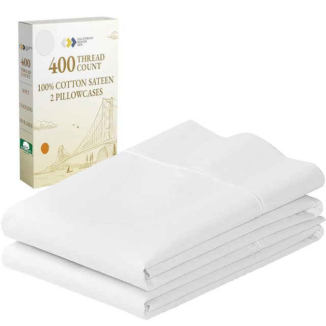 California Design Den Standard Queen Size Pillowcase Set - 400 Thread Count, 100% Cotton Sateen, Set of 2 Pillow Covers, Breathable, Cooling, Soft for Quality Sleep - Antique White