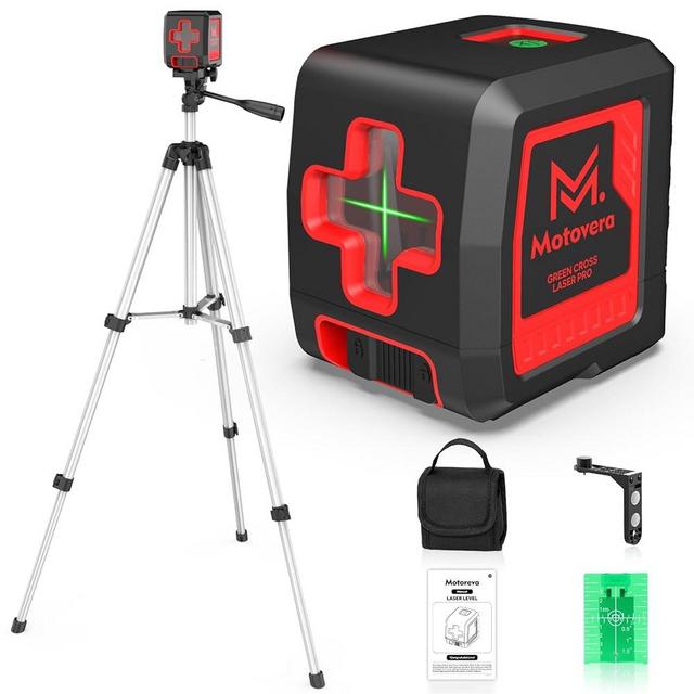 Motovera Laser Level with Tripod, 100 feet Green Cross Line Self Rotary Leveling Laser Level, 4 Brightness Adjustment, Manual Self leveling and Pulse Mode,IP54 Waterproof Battery Carrying Bag Included