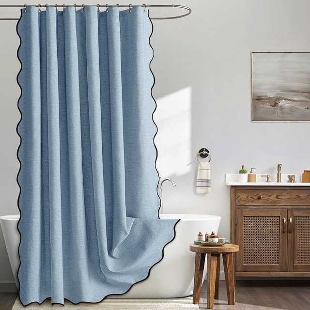 MIULEE Moonlight Blue Scalloped Shower Curtain Linen Textured with 12 Metal Hooks Cute Heavy Duty Washable Waterproof Thick Cloth Shower Curtains with Black Border for Bathroom Hotel Bathtub,W72*L72