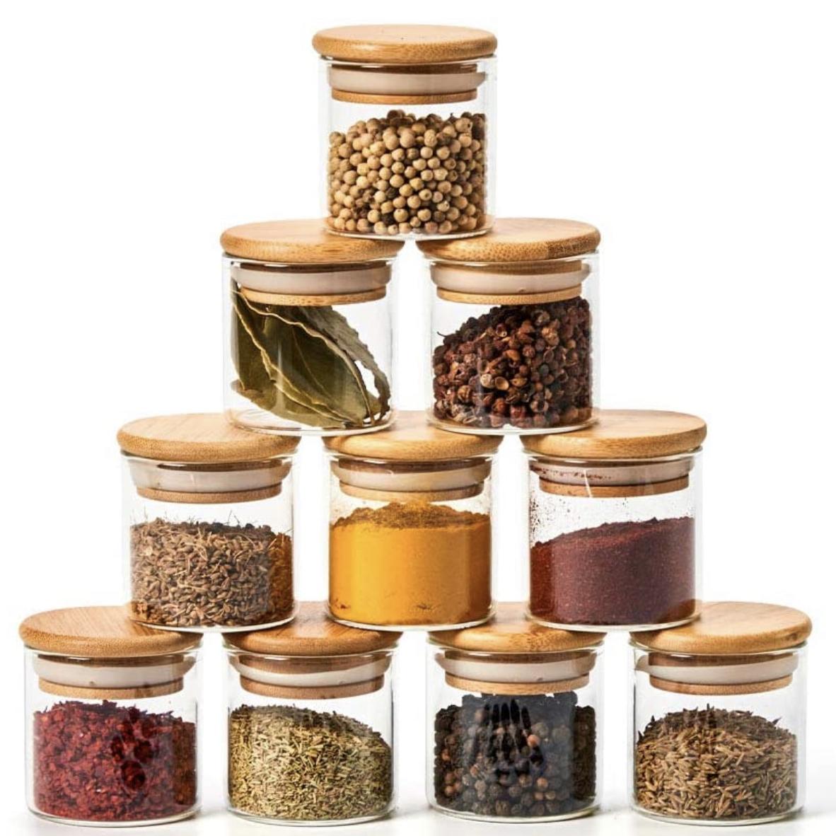EZOWare 10 Bottles Glass Jar Set, Extra Small Air Tight Canister Storage Containers with Natural Bamboo Lids and Chalkboard Labels for Kitchen Spices, Bathroom, Party Favors (70ML)