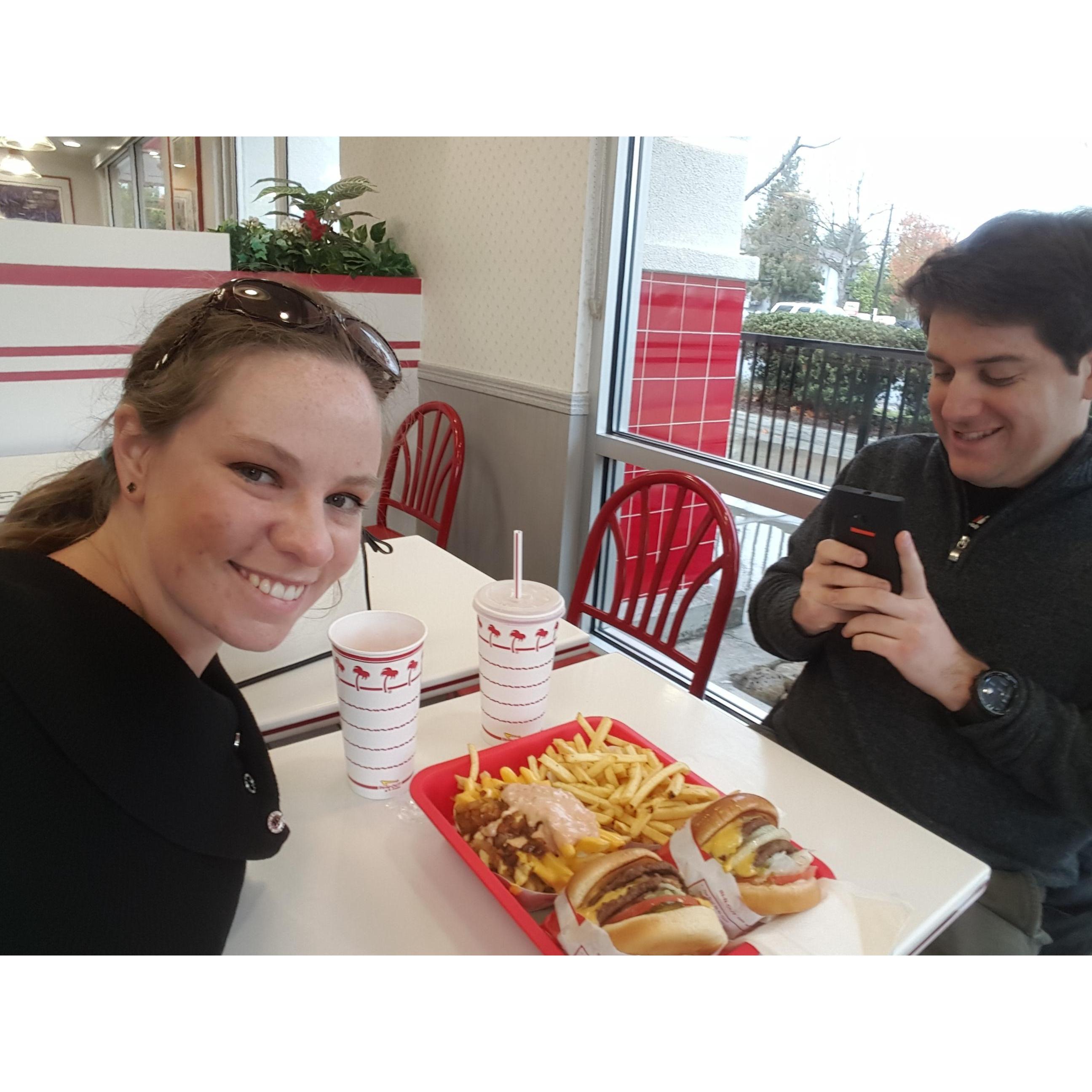 Enjoying In-And-Out burger in California, 2016