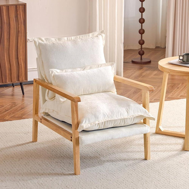 VINGLI Mid-Century Modern Cloud Accent Armchair with Lumbar Pillow, 6.3'' Thick Seat Cushion Comfortable Reading Chair with Wooden Armrests，Boho Lounge Chair for Bedroom, Living Room, Chenille, Beige