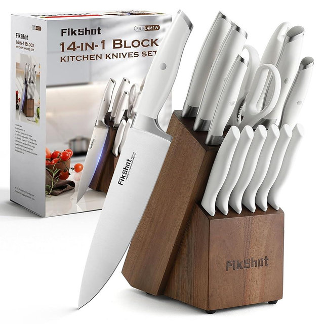 FIKSHOT Kitchen Knife Set with Block Dishwasher Safe Full Tang High Carbon Stainless Steel Sharp Blade Professional Chef's Knife for Home Cooking Gifts for Women (WHITE)