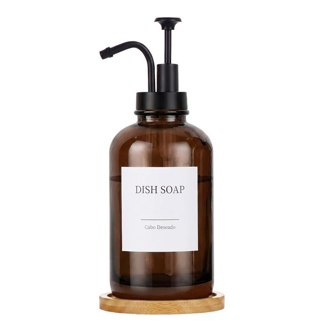 Glass Soap Dispenser with Upgrade Pump, Hand and Dish Soap Dispenser for Bathroom Kitchen, Soap Dispenser Set with 9 Stickers Funnel Bamboo Tray 500ml 18oz Amber