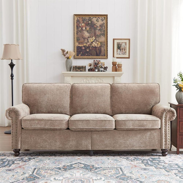 Sivory 81.5" Nailhead Sofa, Rolled Arms Sofa with Wooden Legs, Pocket Springs Seat Cushion, Easy Assembly, Comfy 3-Seater Classic Couch for Living Room, Farmhouse, Apartment, Brown