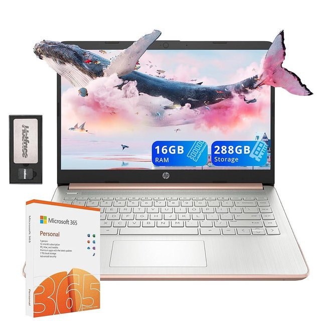 HP Stream 14" HD Laptop, Intel Celeron N4120, 16GB RAM, 288GB Storage (128GB eMMC + 160GB SSD Docking Station Set), Intel UHD Graphics, HD Webcam, WiFi, Bluetooth, 1 Year Office 365, Win 11 S, Gold