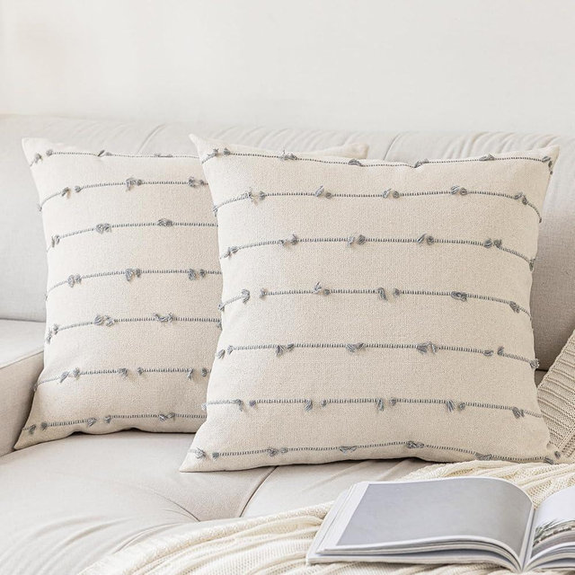 YEENAASY Boho Throw Pillow Covers 18x18 Set of 2 Modern Farmhouse Decorative Cushion Case Tufted Linen Square Pillows Cover Neutral Pillow Cases Accent Pillowcase for Sofa,Couch,Bed,Beige and Grey