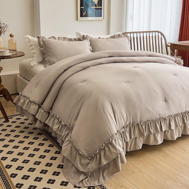 AIKASY Taupe Comforters King Size Set, Vintage Boho Chic Farmhouse Bedding Sets Shabby Ruffle Queen Bed Comforter Bedding 3PCS（1 Comforter and 2 Pillowcases）