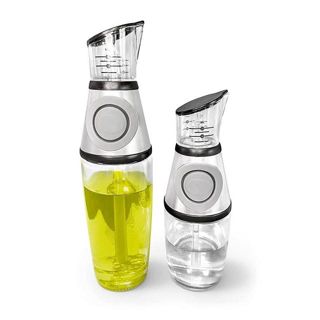 Oil and Vinegar Dispenser Set - with measuring cup - 18 oz & 10 oz glass Bottle Set - Ideal for Coffee Syrups - Oils - Vinegars