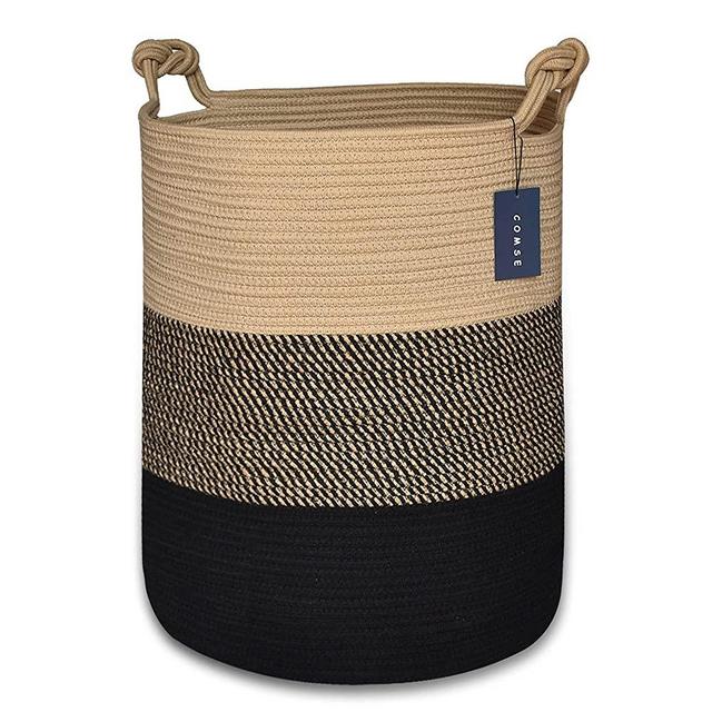 COMSE Extra Large Blanket Basket, High Storage Basket, Tall Rope Laundry Basket, 15.7”x 21.7”, Cotton Rope Basket, XXXL Laundry Basket, Toy Basket, Woven Basket, Clothes Baskets,Brown/Black