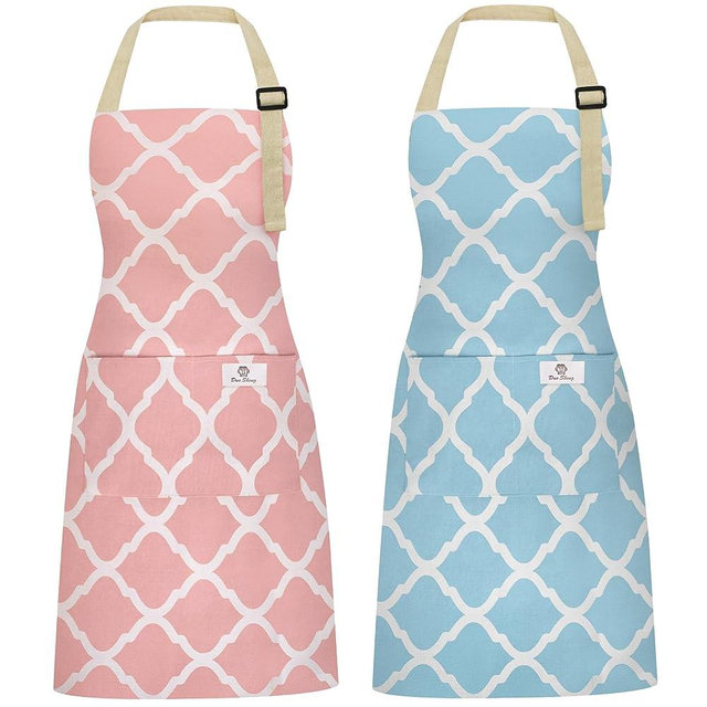 Riqiaqia 2 Pieces Aprons for Women with Pockets, Cotton Linen Waterproof Kitchen Cooking Aprons, Chef Apronfor Men Women with Adjustable Neck Strap and Long Ties(Pink/Blue)