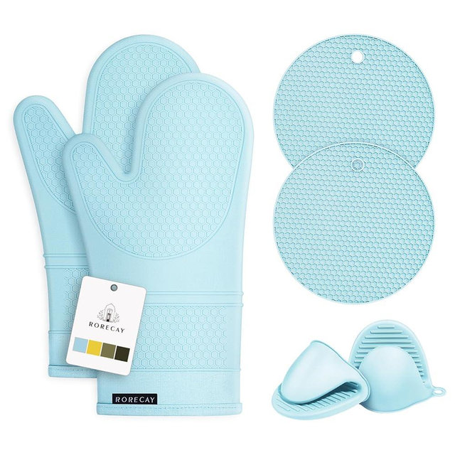 Rorecay Silicone Oven Mitts and Pot Holders Sets: Heat Resistant Silicone Oven Mittens with Mini Oven Gloves Hot Pads Potholders for Kitchen Baking Cooking, Quilted Liner, Winter Sky