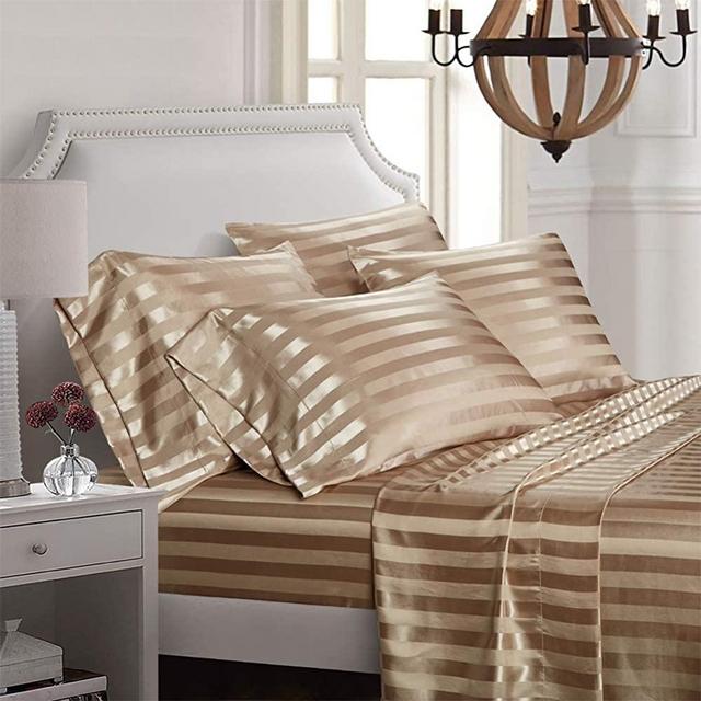 AiMay 6 Piece Satin Italian Style Bed Sheet Set Deep Pocket Striped 1800 Luxury Rich Silk 1 Flat Sheet 1 Fitted Sheet 4 Envelope Pillowcases Stain-Resistant Wrinkle Free (Queen,Taupe)