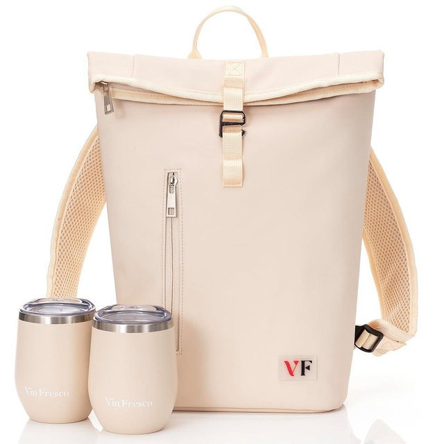 Two Bottle Rolltop Wine Tote Bag – Stylish PU Leather Wine Backpack with Matching Tumblers – Compact & Lightweight Wine Carrier with Padded Straps & Compartments for Travel & Picnics - Beige