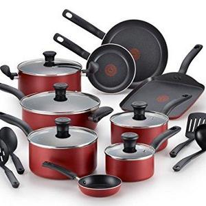 T-fal A777SI64 Initiatives Nonstick Inside and Out Dishwasher Safe Cookware Set, 18-Piece Cookware Set, Red