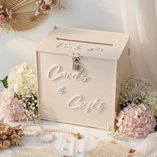 BreezeHug Acrylic Wedding Card Box with Slot and Lock, 10 x 6 x 10 in Large Money Gift Box with DIY White Letters Cards Gifts/Thank You Letters, Baby Shower Graduation Birthday Party(Light Beige)