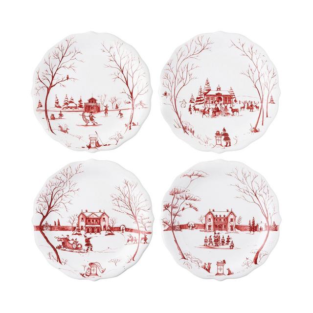 Juliska Country Estate Winter Frolic "Mr. & Mrs. Claus" Ruby Party Plates, Set of 4