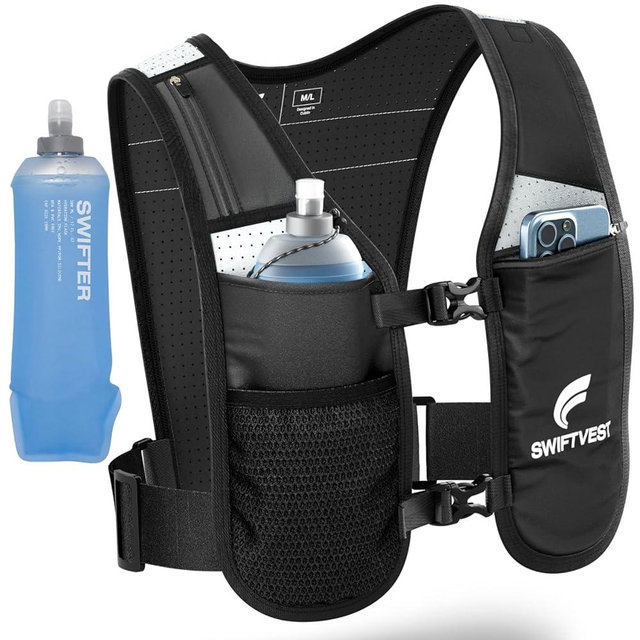 SWIFTVEST Running Phone Holder Vest with 500ml/17oz Water Bottle | Reflective Hydration Vest | Adjustable | Light | 6 Pockets for Running Accessories | Unisex