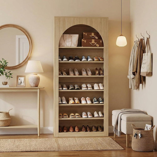 LIKEMET 71" Tall Arched Shoe Cabinet, 7 Tiers 28 Pairs Wooden Shoe Rack with Adjustable Shelves, Large Freestanding Shoe Storage Cabinet for Entryway, Hallway and Living Room (Natural)