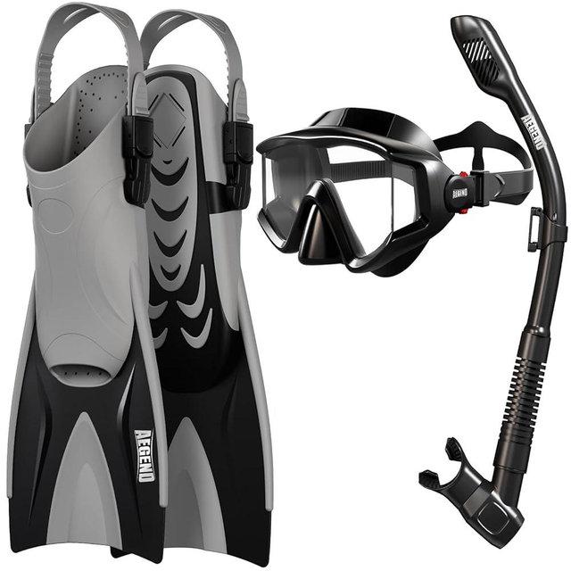 Aegend Snorkeling Gear for Adults Men Women: Anti-Fog Panoramic Mask Set, Adjustable Fins & Dry Top Snorkel – All-in-One Travel Snorkel Set for Swimming, Diving & Snorkeling