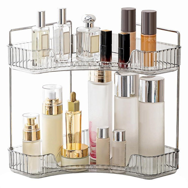 YCIA&DONE Corner Bathroom Counter Organizer, Makeup Organizer for Vanity, Skincare Cosmetic Perfume Tray, Corner Countertop Shelf Rack Storage for Bathroom Kitchen 2 Tiers (Smoky Gray)