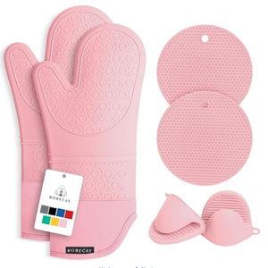 Rorecay 6pcs Oven Mitts and Pot Holders Sets for Kitchen, Extra Long Non-Slip Silicone Oven Gloves Heat Resistant 500 Degrees Potholders Hot Pads for Baking Cooking, Quilted Liner, Pink