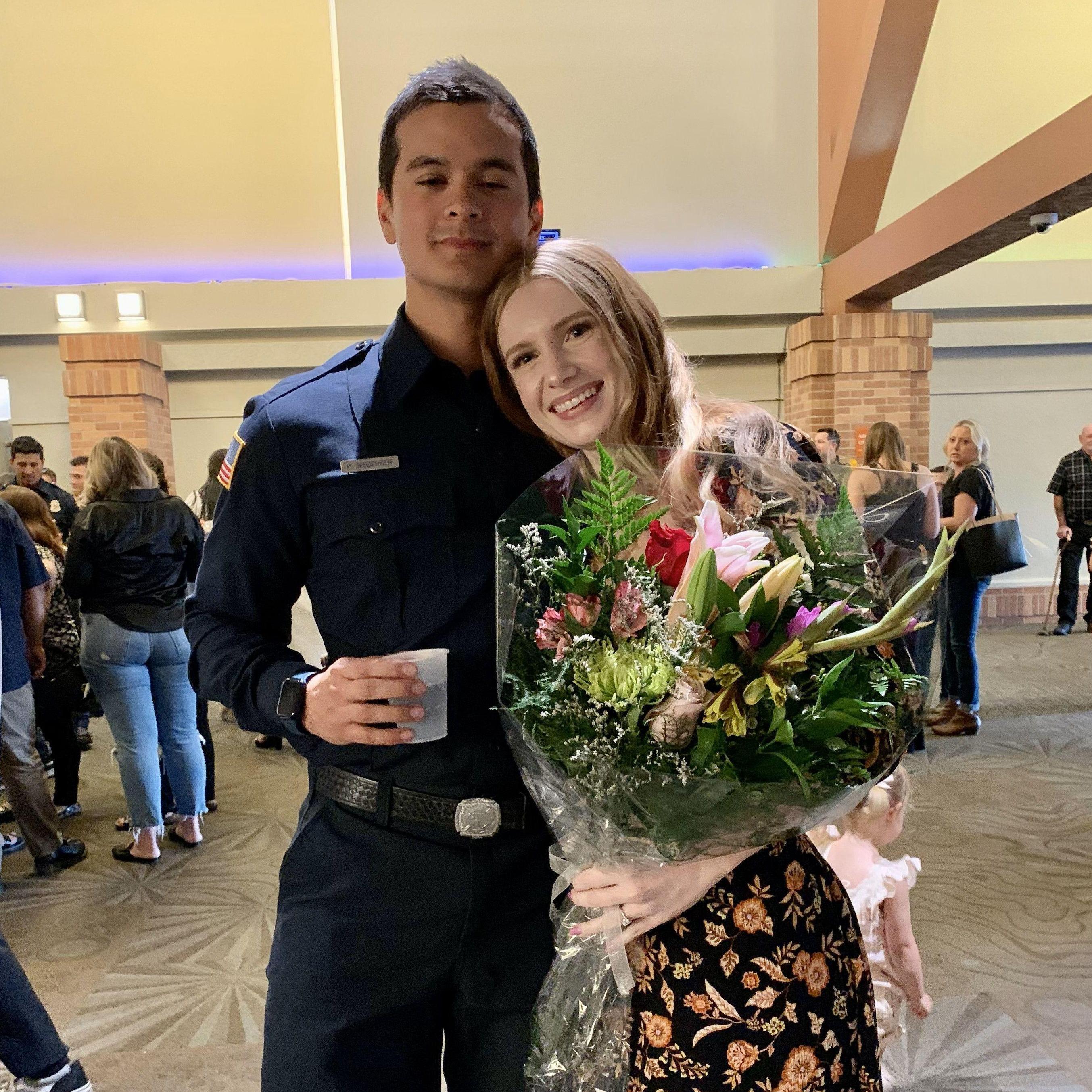 June 2022 | Kurt's badge pinning ceremony for Turlock FD. Kurt came up with the idea to give flowers to the spouses/ family members pinning their firefighters.