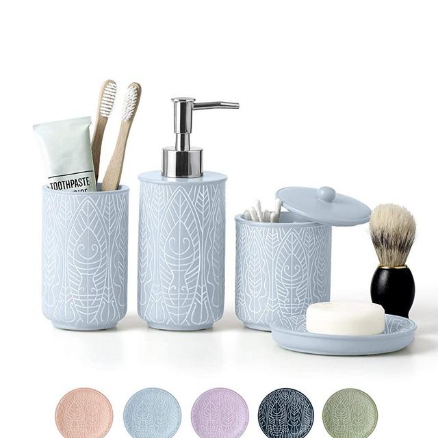 VIRTUNE Pastel Blue Bathroom Accessories Set. Blue Bathroom Set. Blue Bathroom Decor. Accesorios para Baños. New Apartment Essentials. Blue Toothbrush Holder and Soap Dispenser.