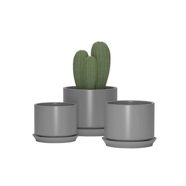 Fengson Succulent Plant Pots,6.8+5.3+4.1 in Glazed Ceramic Planters with Connected Saucers, Round Modern Ceramic Flower pots - Small to Large Sized Plant pots for All House Plants(Matte Grey)