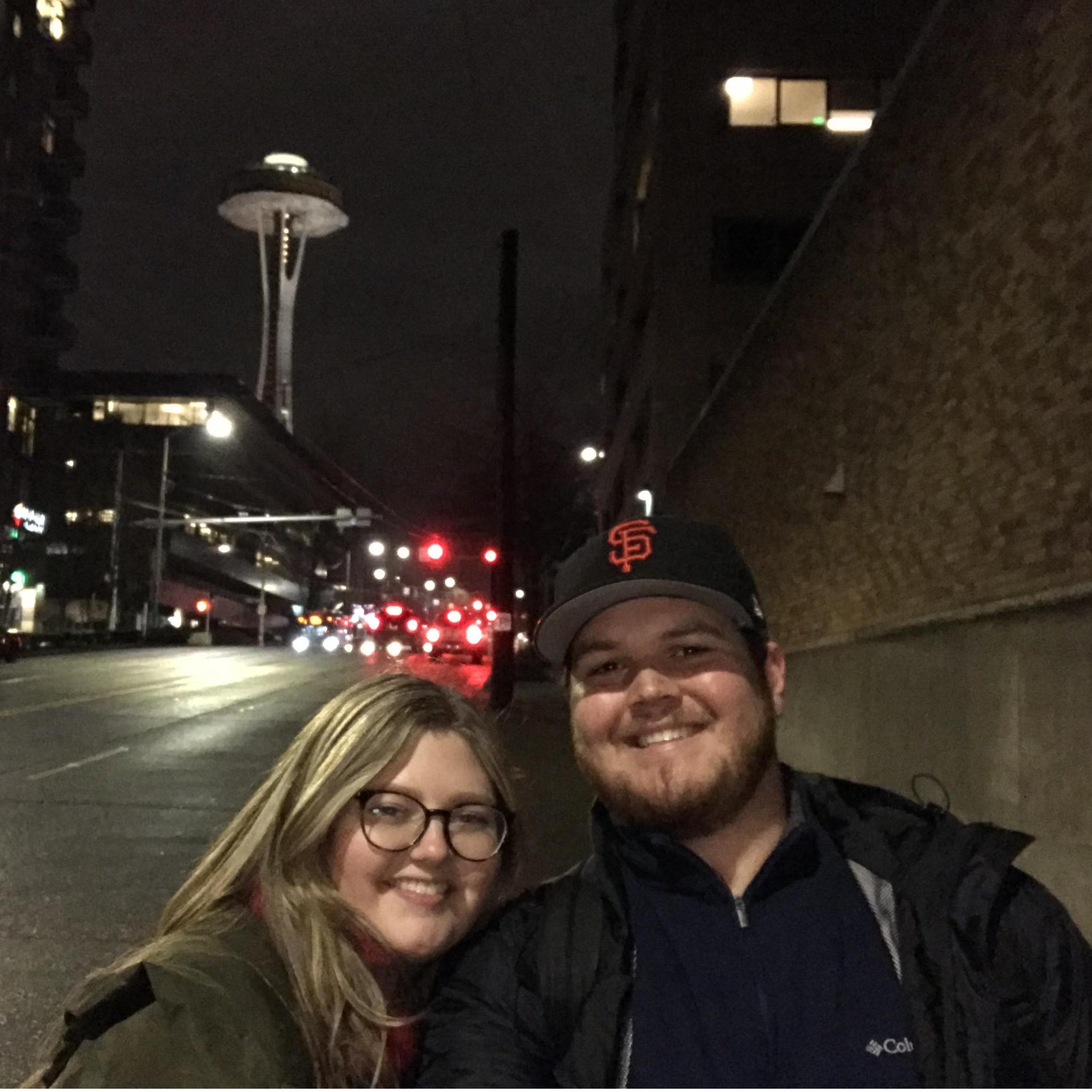 Exploring the Seattle streets on the first night of our trip. It was rainy but we had a great time and got our first look at the Space Needle!