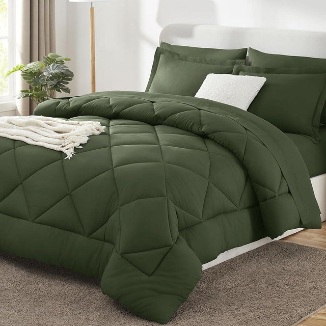 CozyLux Queen Comforter Set with Sheets 7 Pieces Bed in a Bag Olive Green All Season Bedding Sets with Comforter, Pillow Shams, Flat Sheet, Fitted Sheet and Pillowcases