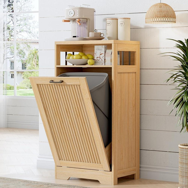 jmhdyg 13 Gallon Tilt Out Trash Can Cabinet with Open Shelf & Storage - Pet Proof Hidden Recycling Cabinet & Wooden Laundry Hamper for Kitchen, Bathroom, Living Room, Natural Oak