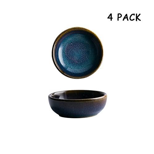 Colias Wing 3" Vintage Blue with Brown Edge Stylish Design Multipurpose Porcelain Side Dish Bowl Seasoning Dishes Soy Dipping Sauce Dishes-Set of 4-Blue
