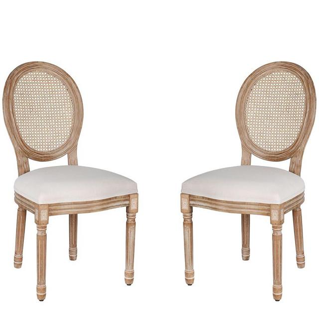 Polar Aurora Dining Chairs Set of 2 Beige Rattan Round Back with Solid Wood Legs and Frame for French Country Kitchen Dining Room