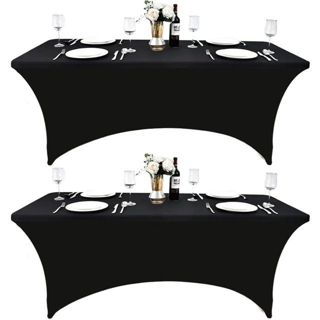 ZarzaaSik 2-Pack 6ft Black Spandex Table Covers for Rectangle Standard Folding Tables - Wrinkle Resistant Stretch Tablecloths - Ultimate Fitted Table Protector for Parties, Trade Shows, Banquet