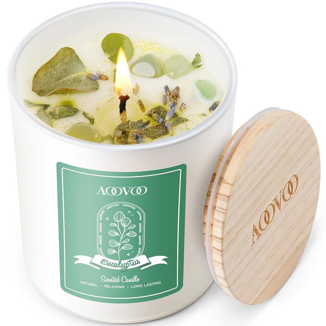 AOOVOO Eucalyptus Mint Scented Candles for Women - Aromatherapy Candle with Crystals Inside, 10oz Soy Candles for Home Scented, Birthday Gifts Valentines Day Candle for Women Mom