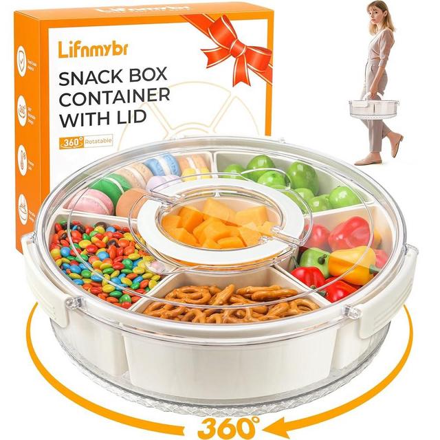 Lifnmybr snackle box container, 360° Rotating 12in L Large Size divided serving tray with lid and Handle, Portable veggie tray, snack tray, fruit trays for serving for party, snack box container 1pcs