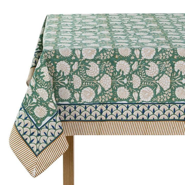 Ridhi -Turquoise Moss Green Cotton Tablecloth, Handblock Print Floral Table Cloth for Kitchen Dining Linen I Thanksgiving, Christmas, Wedding, Fall Décor 10 Seater 80x120 Inches Rectangle