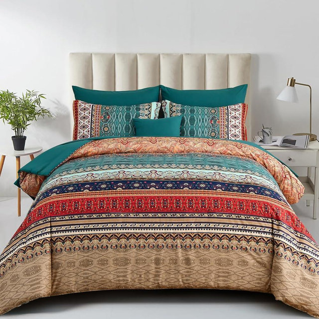 Boho Queen Size Comforter Set 8 Pieces,Green and Brown Bohemian Striped Bed in a Bag,Floral Soft Microfiber Bedding Comforter Set