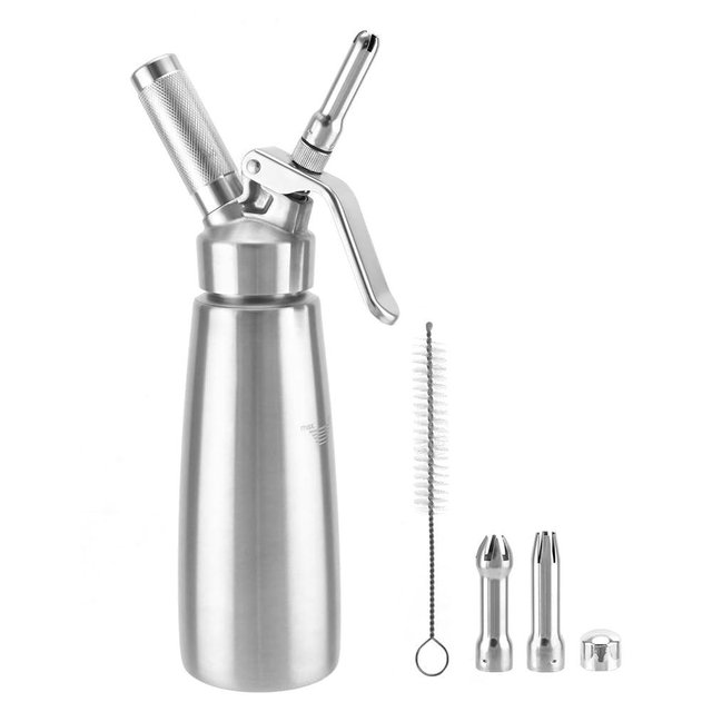 QWORK 500ml/1 Pint Stainless Steel Whipped Cream Dispenser – 18/8 304 Seamless Cream Whipper, with 3 Stainless Steel Decorating Tips (N2O Chargers Not Included)