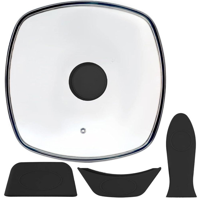 IFITTING Square Glass Lid for Grill Pans with Steam Vent Hole - Fits Lodge Cast Iron Skillets 10.5inch/26.67cm Silicone Potholder- Square Tempered Glass Lid - Universal Replacement Cover Silicone Knob