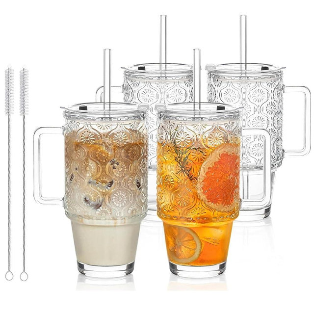 Kemorela 24oz Ribbed Glass Cups with Lids and Straws,Glass Tumbler with Handle,4 set–Reusable Glass Ice Coffee Cups with Lid and Straw for Smoothies,Tea,Juice,Boba Cup for Cold & Hot Drinks,Travel Cup