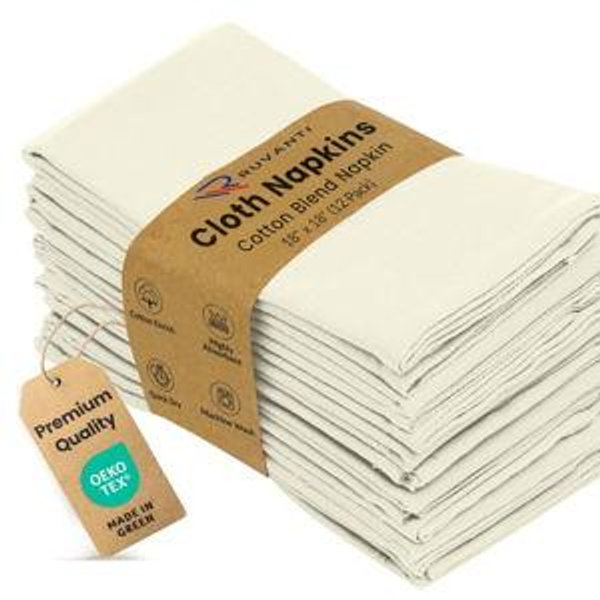 Ruvanti Cloth Napkins Set of 12, 18x18 Inches Napkins Cloth Washable, Soft, Durable, Absorbent, Cotton Blend. Table Dinner Napkins Cloth for Hotel, Lunch, Restaurants, Wedding Parties - Ivory/Cream