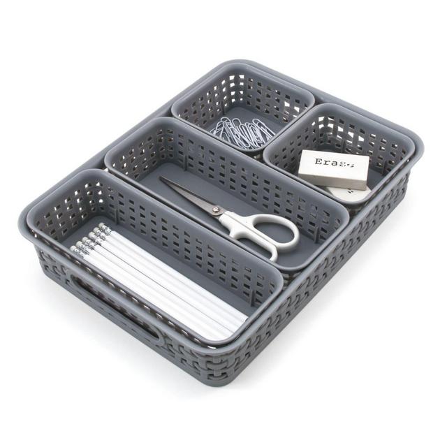 Advantus 5-Piece Woven-Style Plastic Desk Organizer Bins Set in Grey