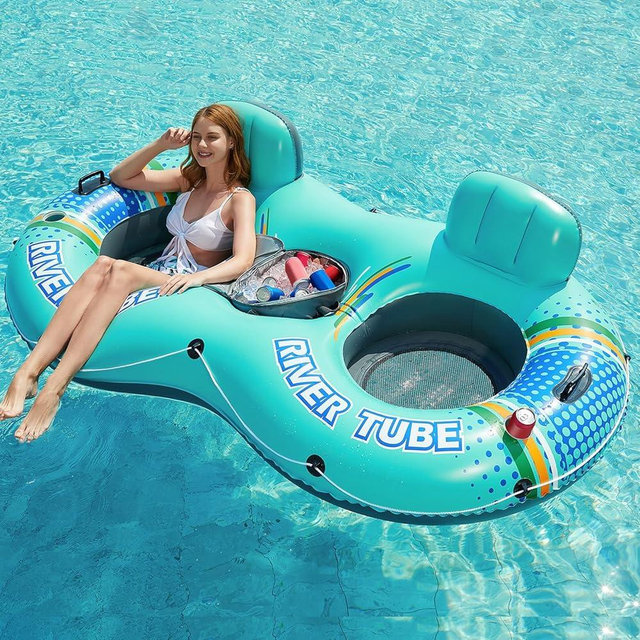Jasonwell Inflatable River Tube Float - 2 Person Heavy Duty River Float Pool Floats with Removable Cooler Lake Water Tubes for Floating River Raft Lounge Floatie with 2 Cup Holders for Adults